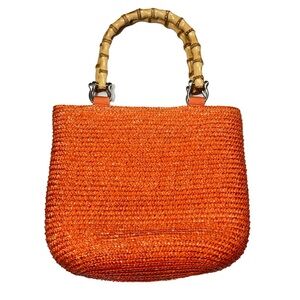 Orange Woven Straw Tote Bag with Bamboo Handle